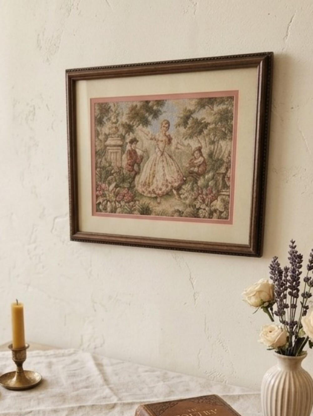 Vintage Framed French Tapestry Wall Art – Cottagecore Rococo Scene